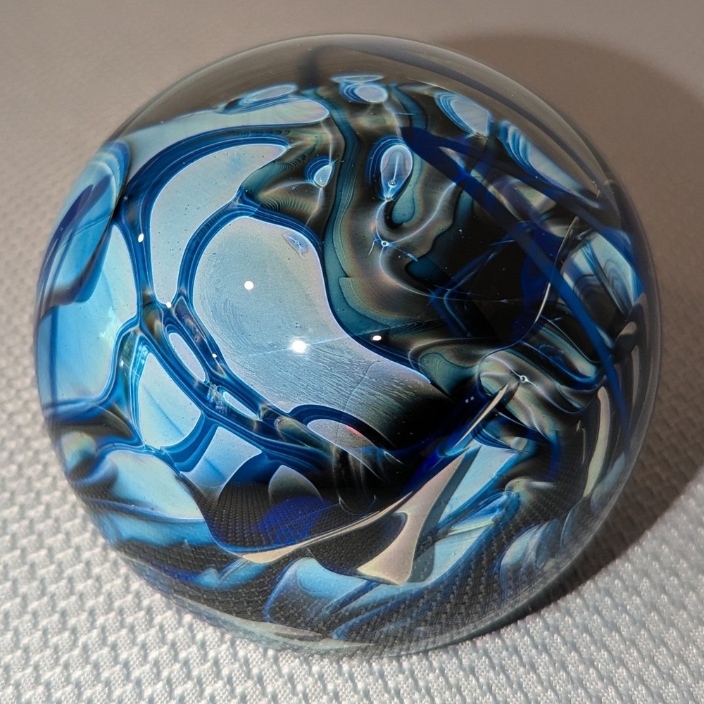 VTG R. Strong Signed Art Glass Paperweight Blue Swirl Hand Blown Round Stunning